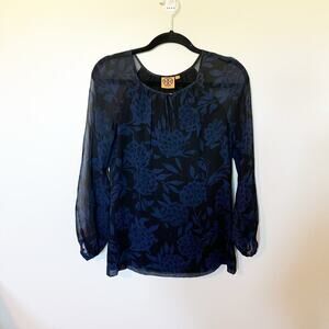 Tory Burch black blue floral silk‎ long sleeve blouse women size 2